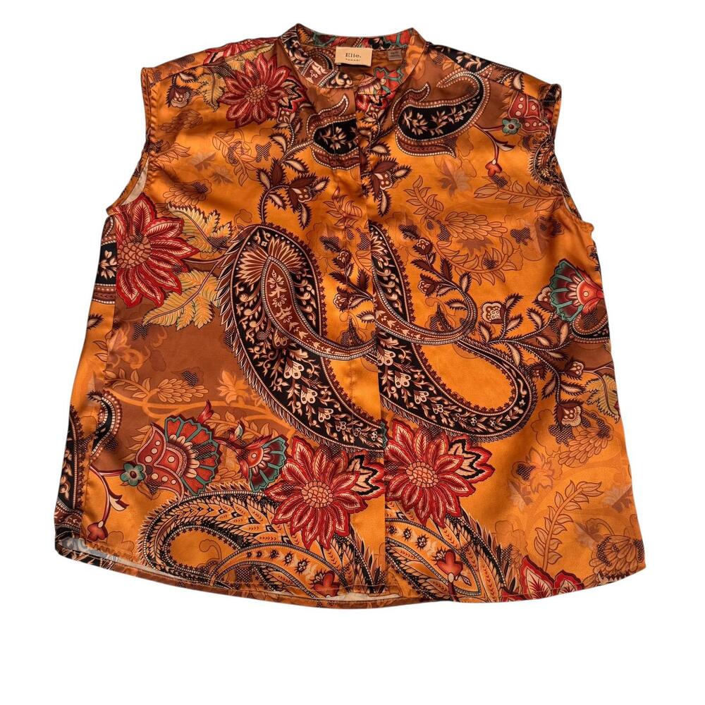 Tahari Sleeveless Paisley Floral Blouse Women’s XS Brown Gold Orange Boho Top